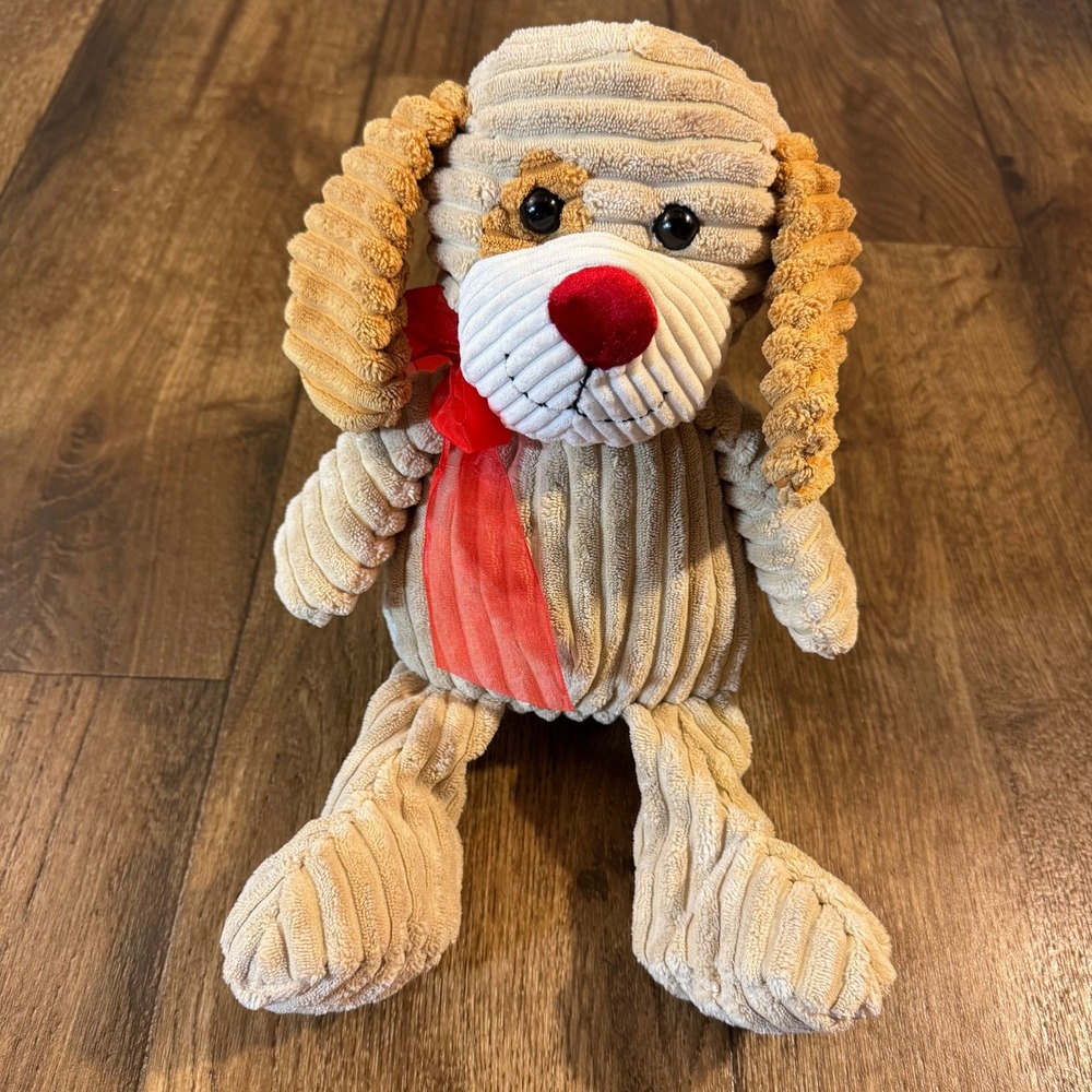 Walmart Dog Plush Toy 14 Inch Tan Corduroy Ribbed Red Nose Bow PT60873B